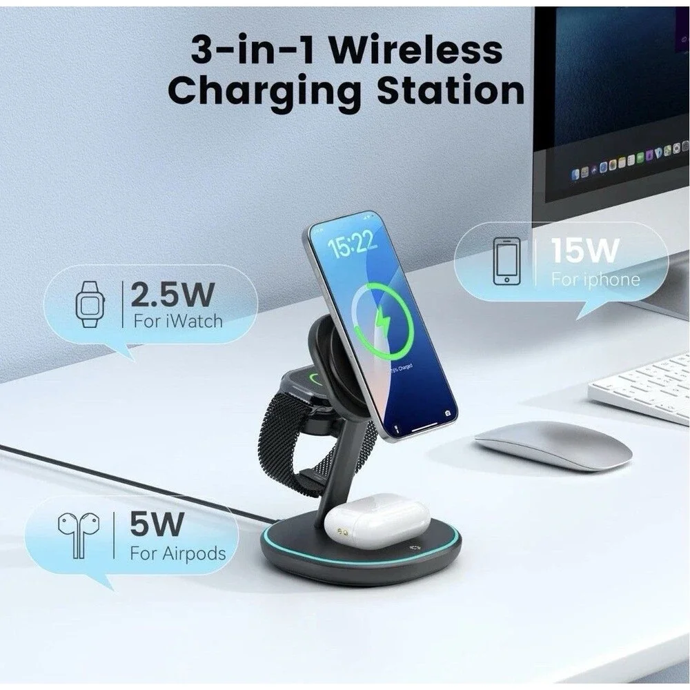 3-in-1 Charging Station, 2X Faster 15W Wireless Charging Station for iPhone 1...